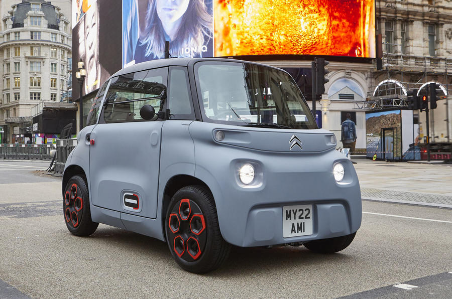 Citroen Ami in London front three quarters on Piccadilly Circus