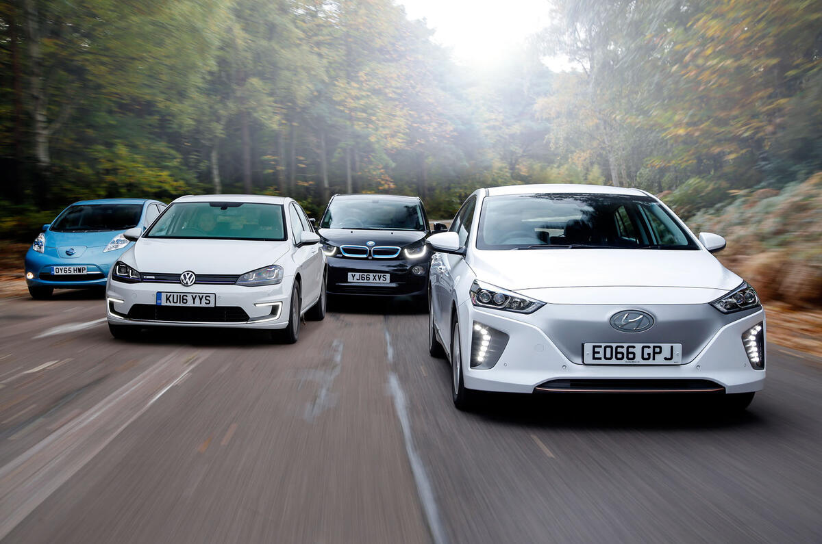 Hyundai Ioniq, Volkswagen E-Golf, BMW i3 vs Nissan Leaf - electric vehicle group test