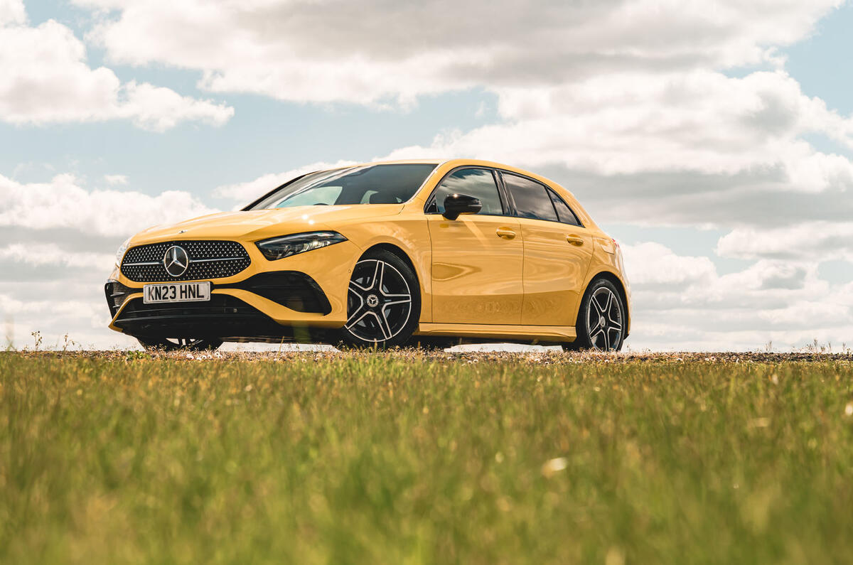 Mercedes Benz A200 in yellow front three quarters